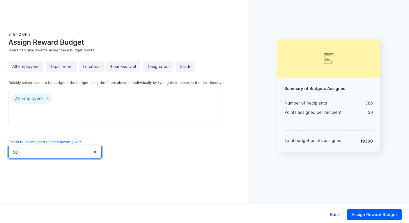 Assign budget points to users screen with preview summary on the right
