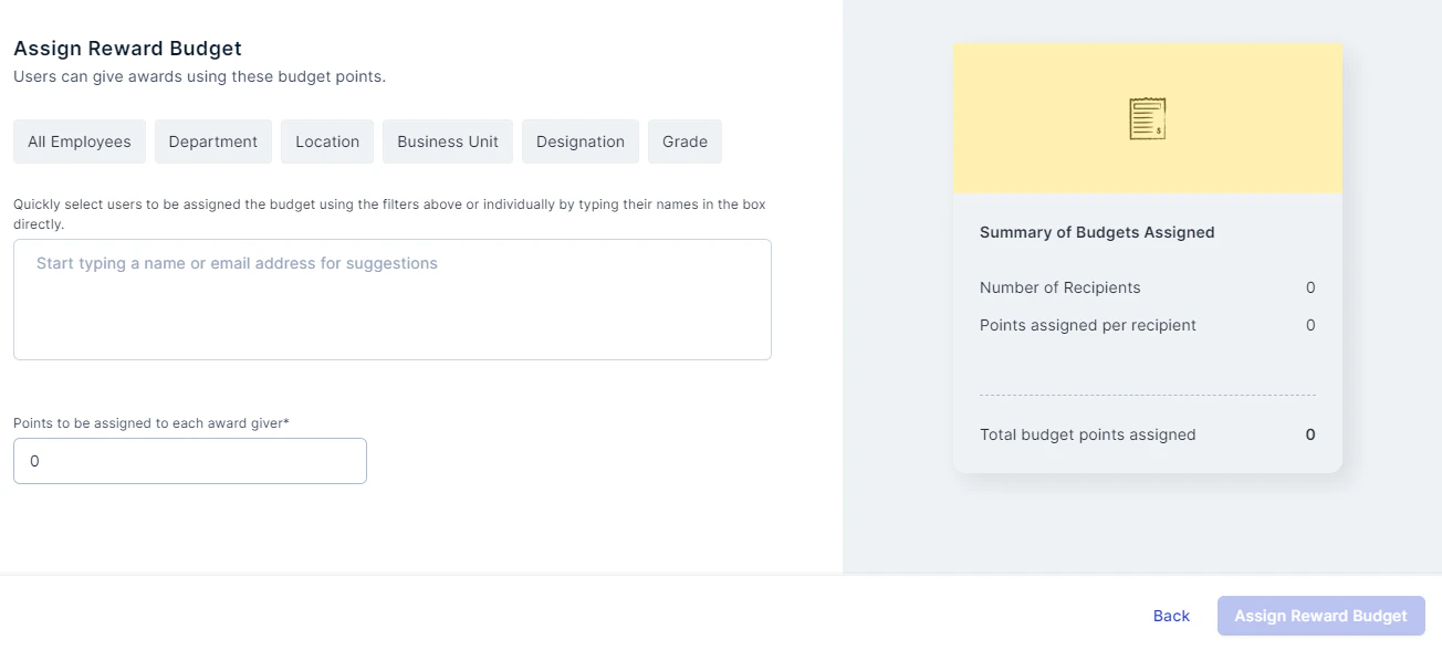 Assign points to personal budget screen with user filter options