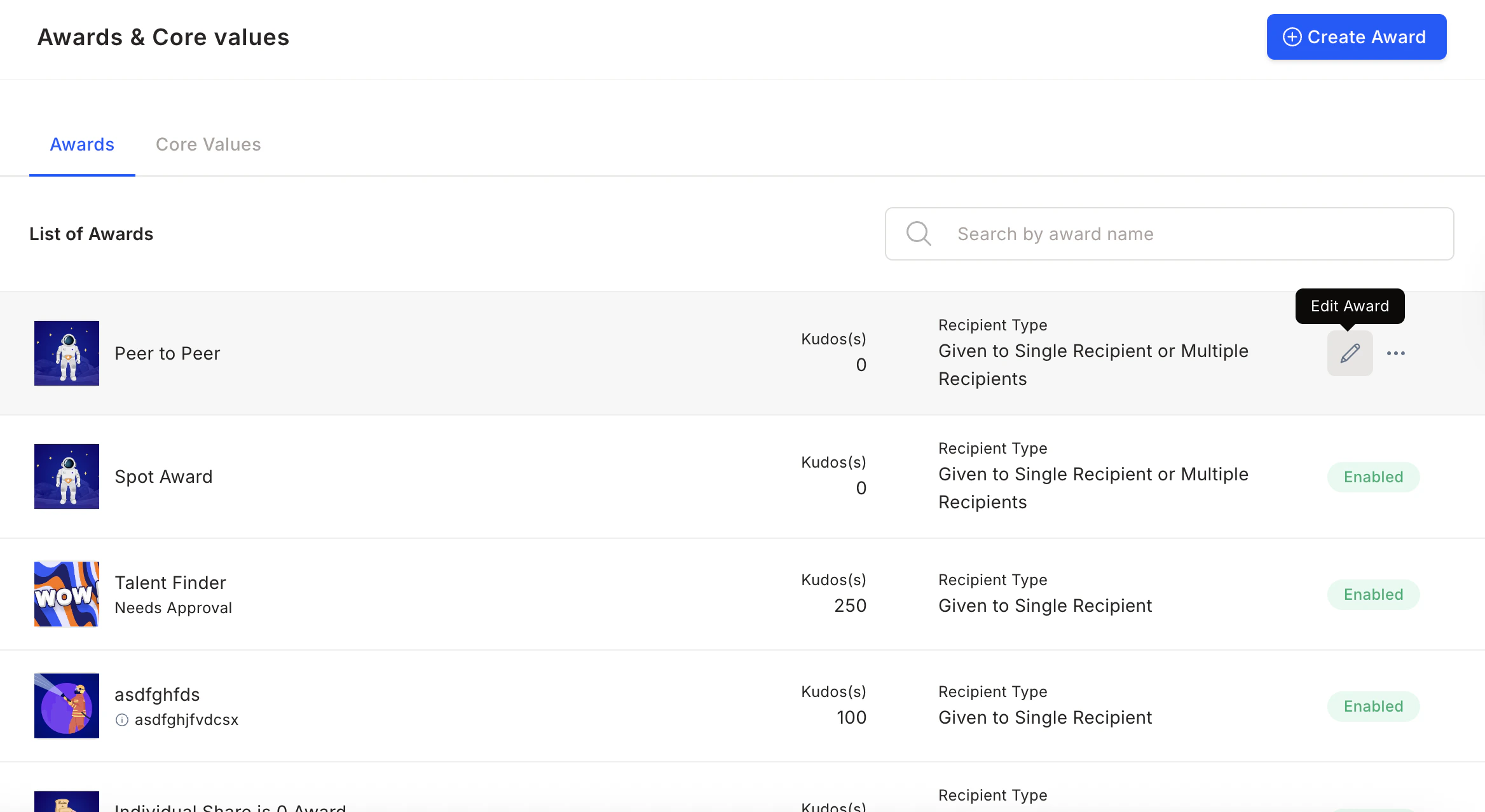 Awards list with edit icon visible on hover