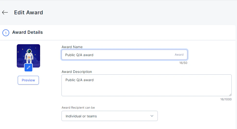 Award edit panel showing editable fields