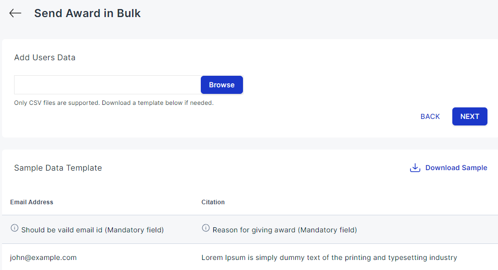 Bulk awards CSV upload interface showing download template and upload options