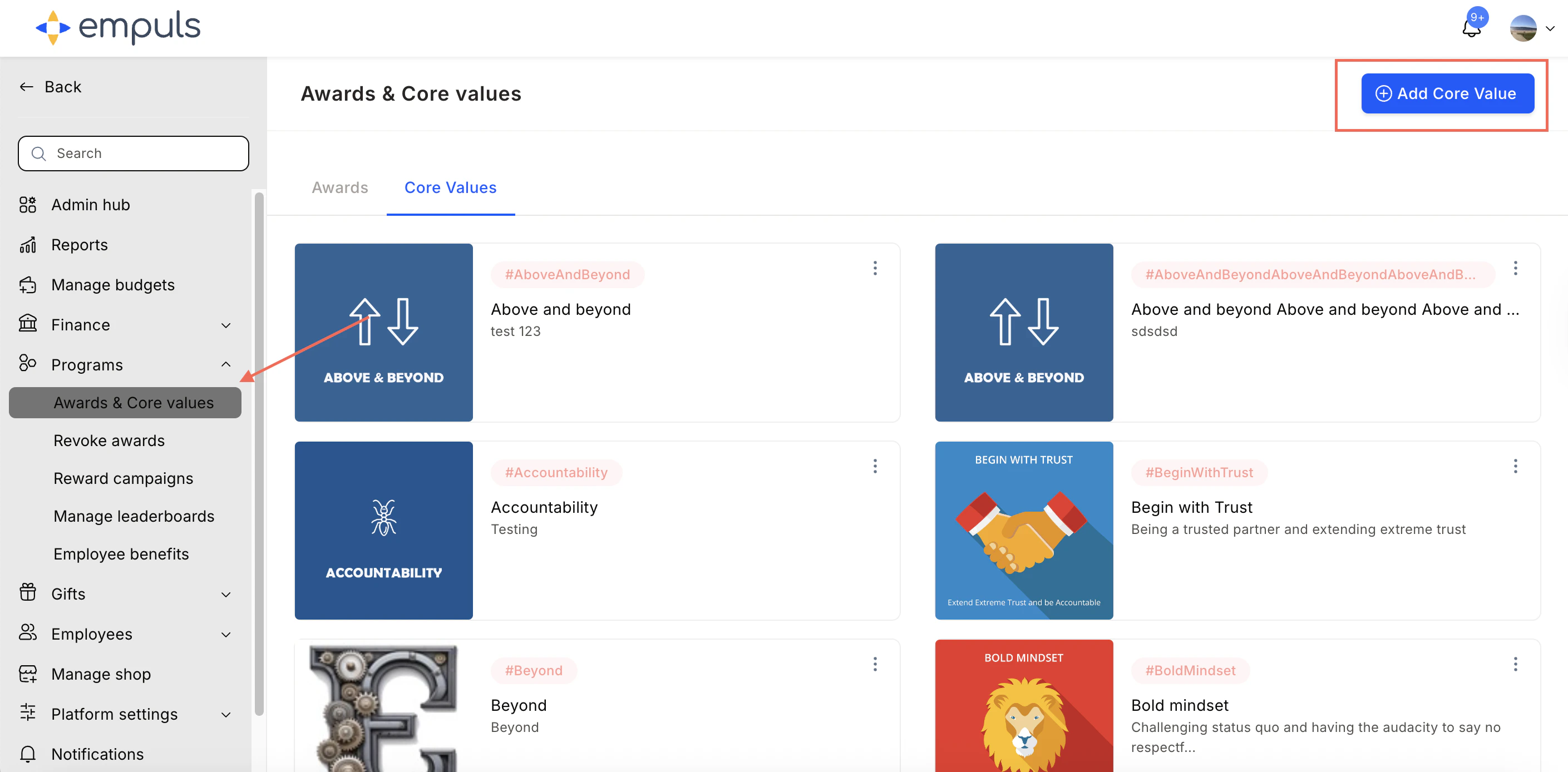 Core Values tab showing existing value badges and the Add Core Value button