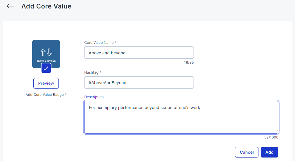 Add Core Value form with fields for name, description, hashtag, and image upload