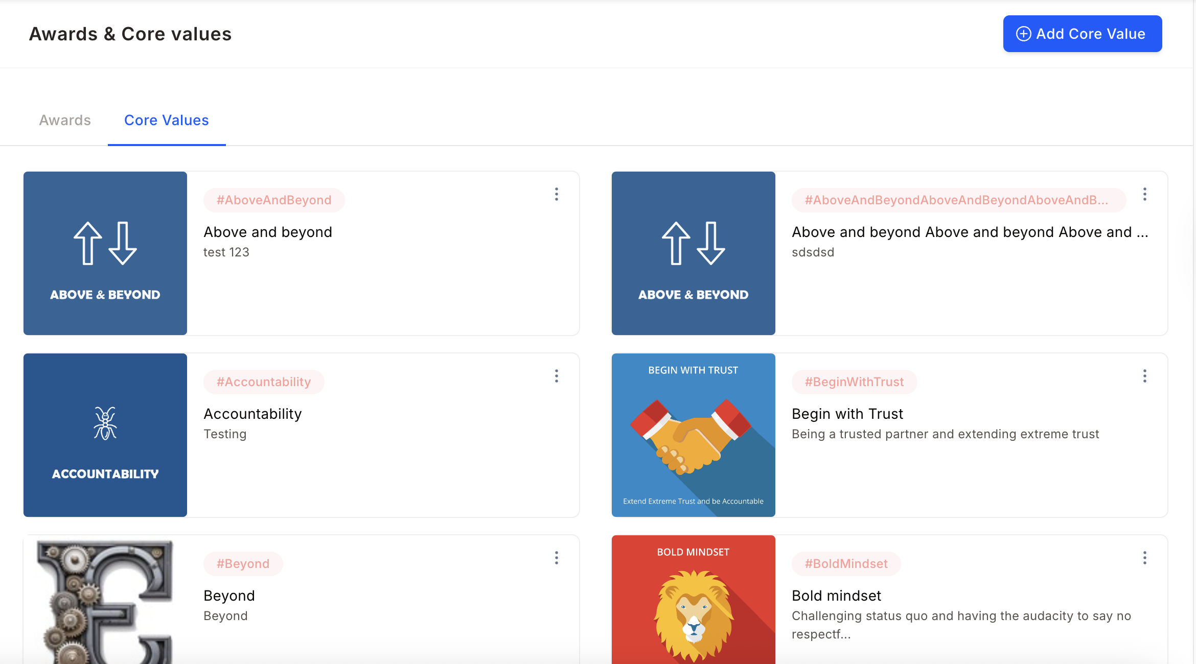 Core values list showing the newly added value card