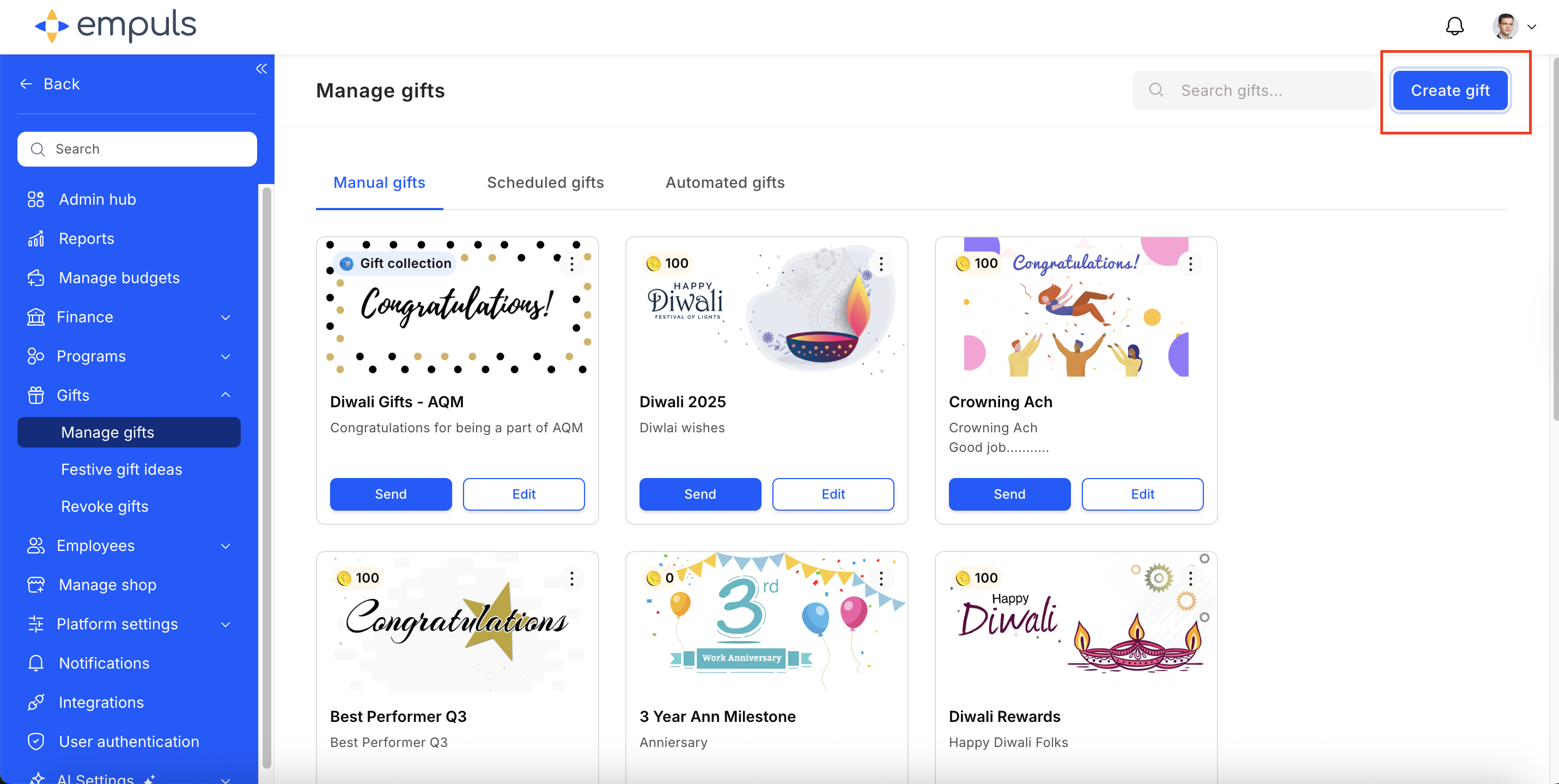 Gifts Manage Gifts page with Create Gift button