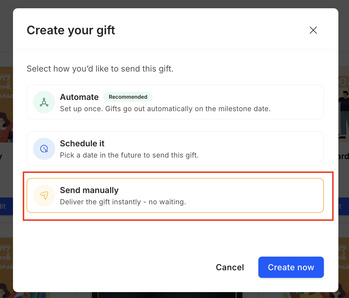 Send Manually option selected in the gift creation dialog