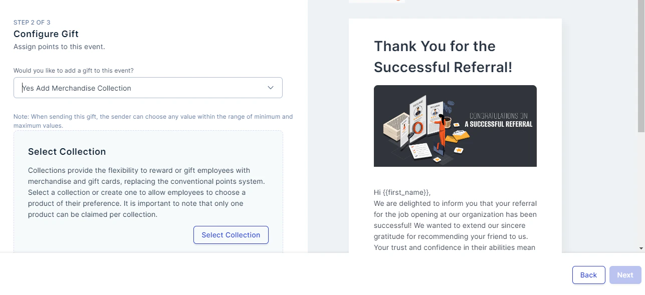 Configure gift screen with Yes Add Merchandise Collection option selected