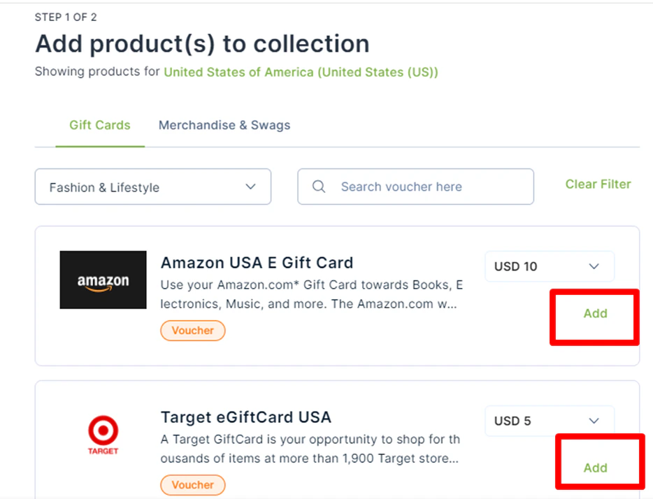 Product catalogue showing gift cards and merchandise across categories with Add buttons