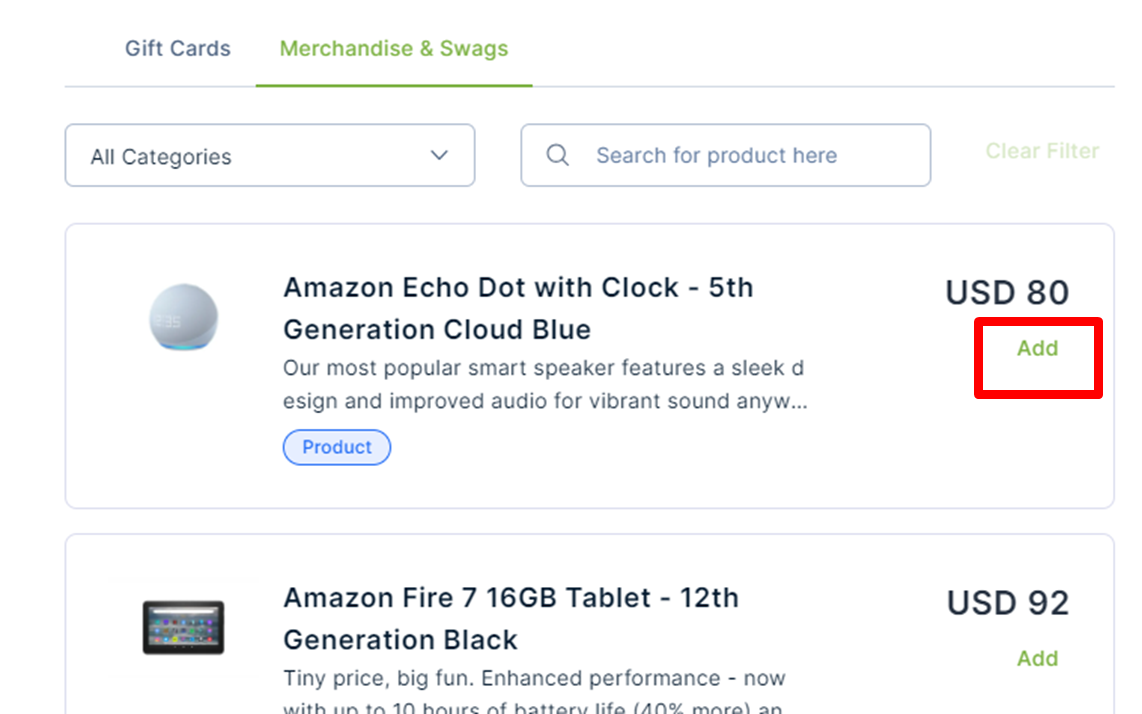 Additional products browsing screen with items selected and ready to add