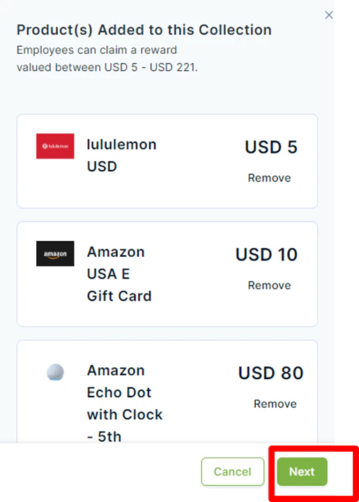 Collection builder with selected products shown in the right panel and Next button