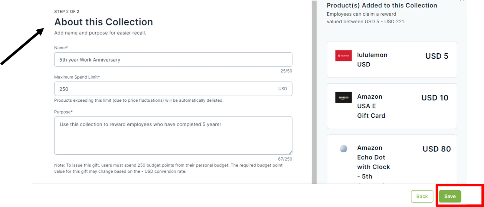 Collection details form with Name Purpose and Maximum spend fields
