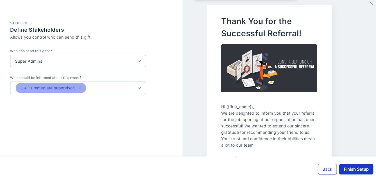 Define Stakeholders screen with sender and notification settings and Finish Setup button