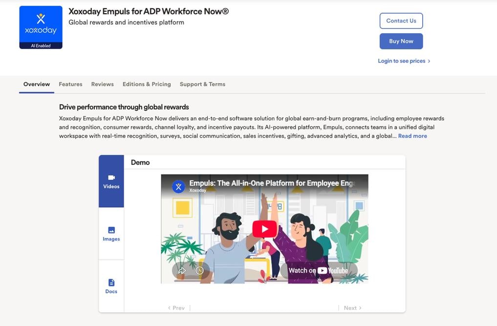 Xoxoday Empuls for ADP Workforce Now listing on the ADP Marketplace