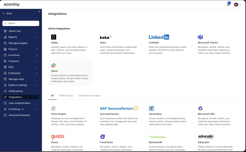 Integrations page in Empuls with ADP under HRMS Applications