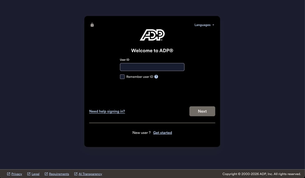 ADP sign-in screen to authenticate the Empuls connection