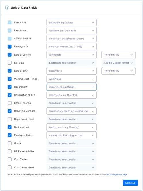 Select Data Fields panel mapping ADP fields to Empuls fields