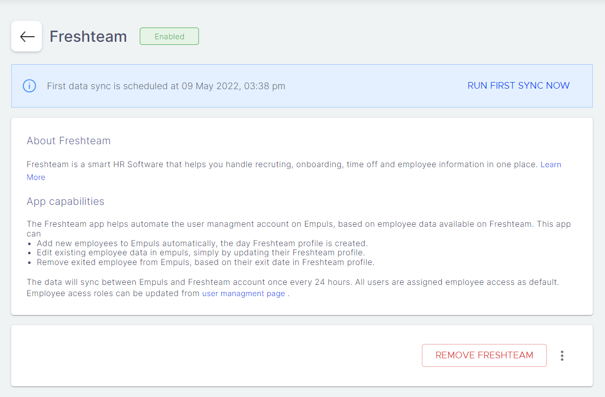 Remove Freshteam button on the active Freshteam integration page