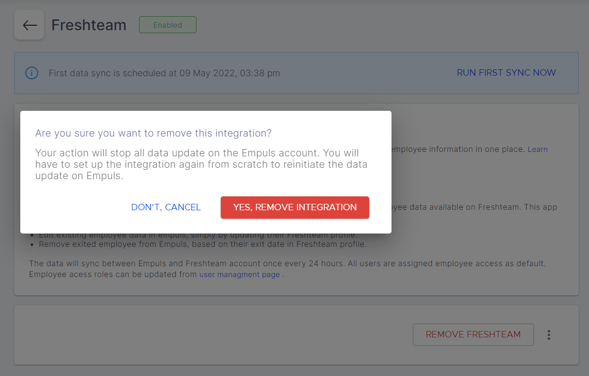 Confirmation prompt to remove the Freshteam integration