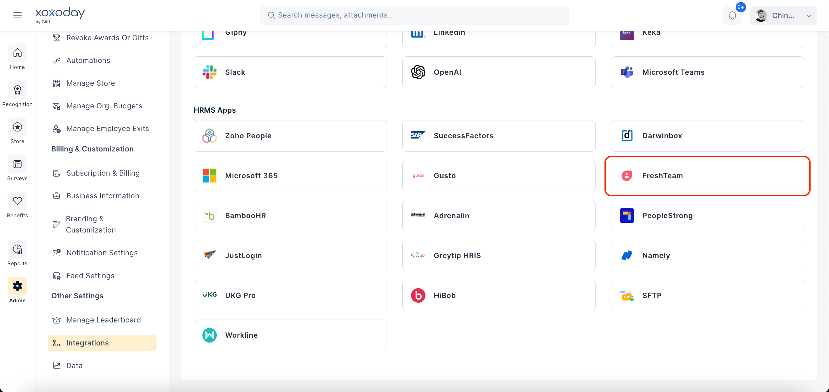 Freshteam app tile in the HRMS Applications section of Empuls Integrations