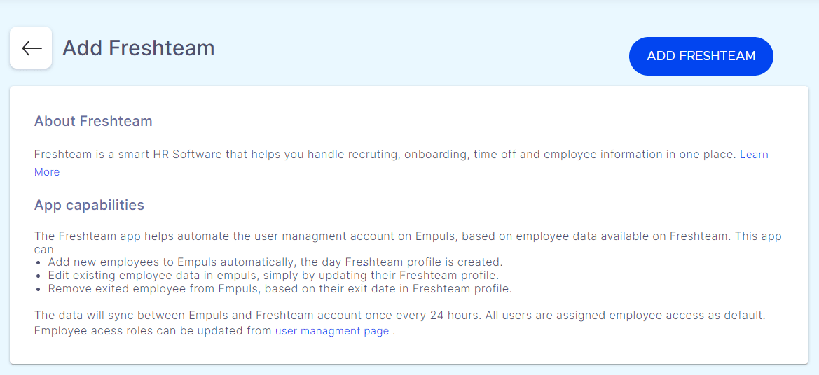 Add Freshteam button to start the integration setup