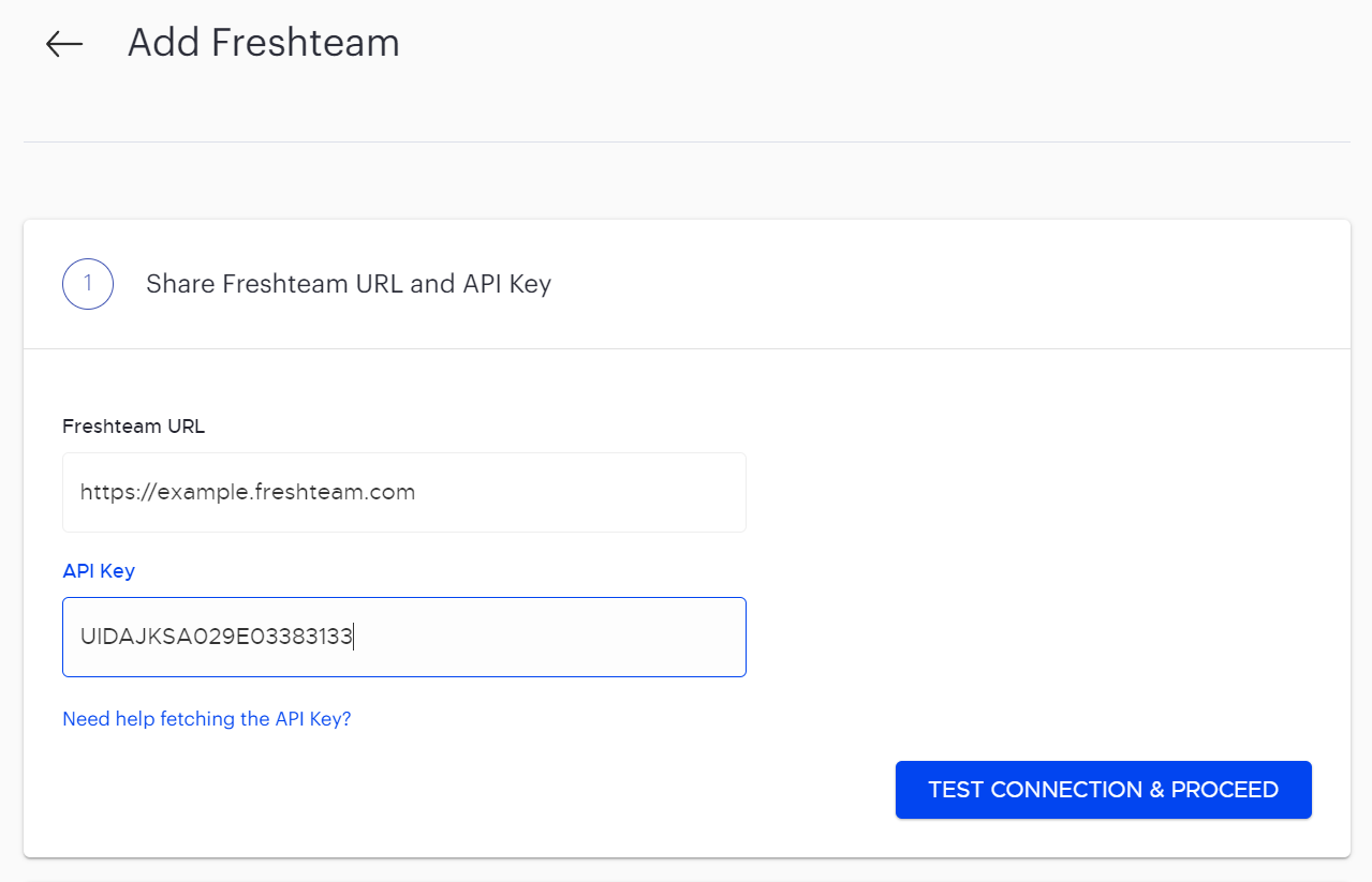 Freshteam account URL and API key fields with Test Connection & Proceed button