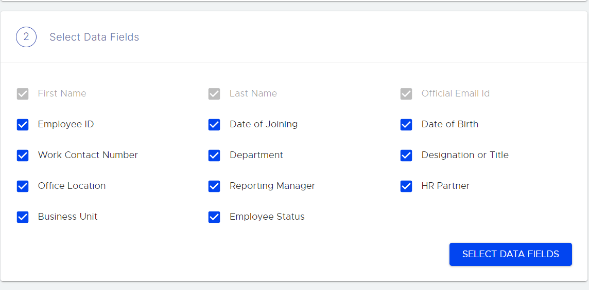 Data field selection screen with checkboxes for fields to import from Freshteam