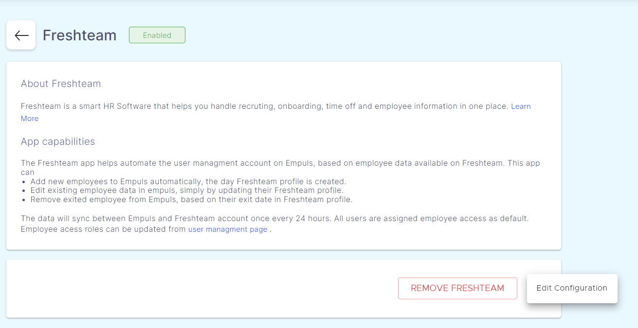 Edit Configuration option in the three-dot menu beside Remove Freshteam