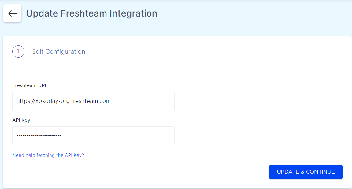 Editable Freshteam URL and API Key fields with Update & Continue button