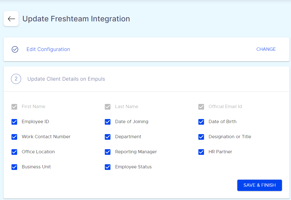 Data field checkboxes for updating the Freshteam integration configuration