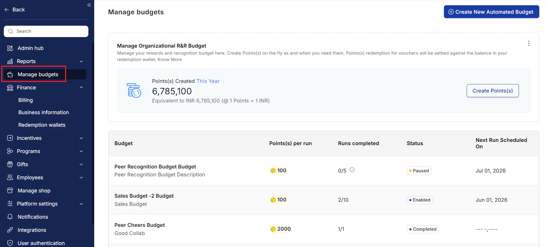 Manage budgets menu