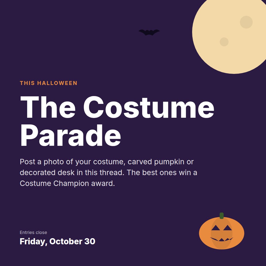 Costume Parade post inviting photos of costumes, pumpkins and desks