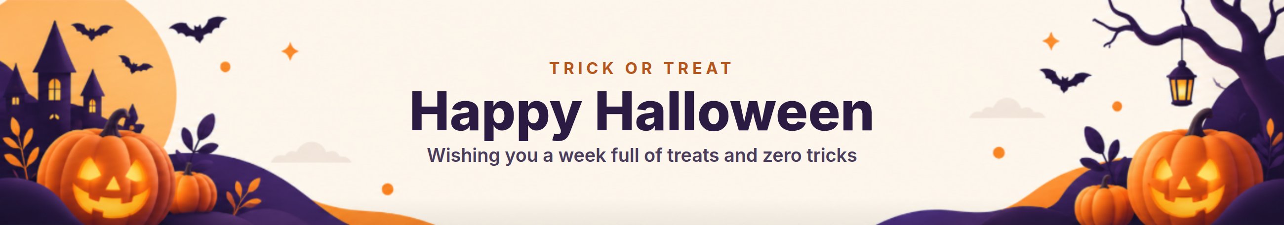 Happy Halloween banner with pumpkins, bats and a haunted house