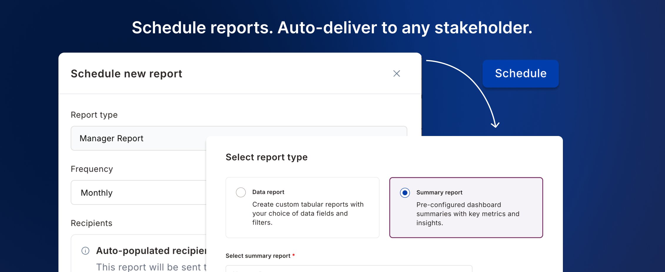 Schedule new report dialog with report type, frequency, and auto-populated recipients