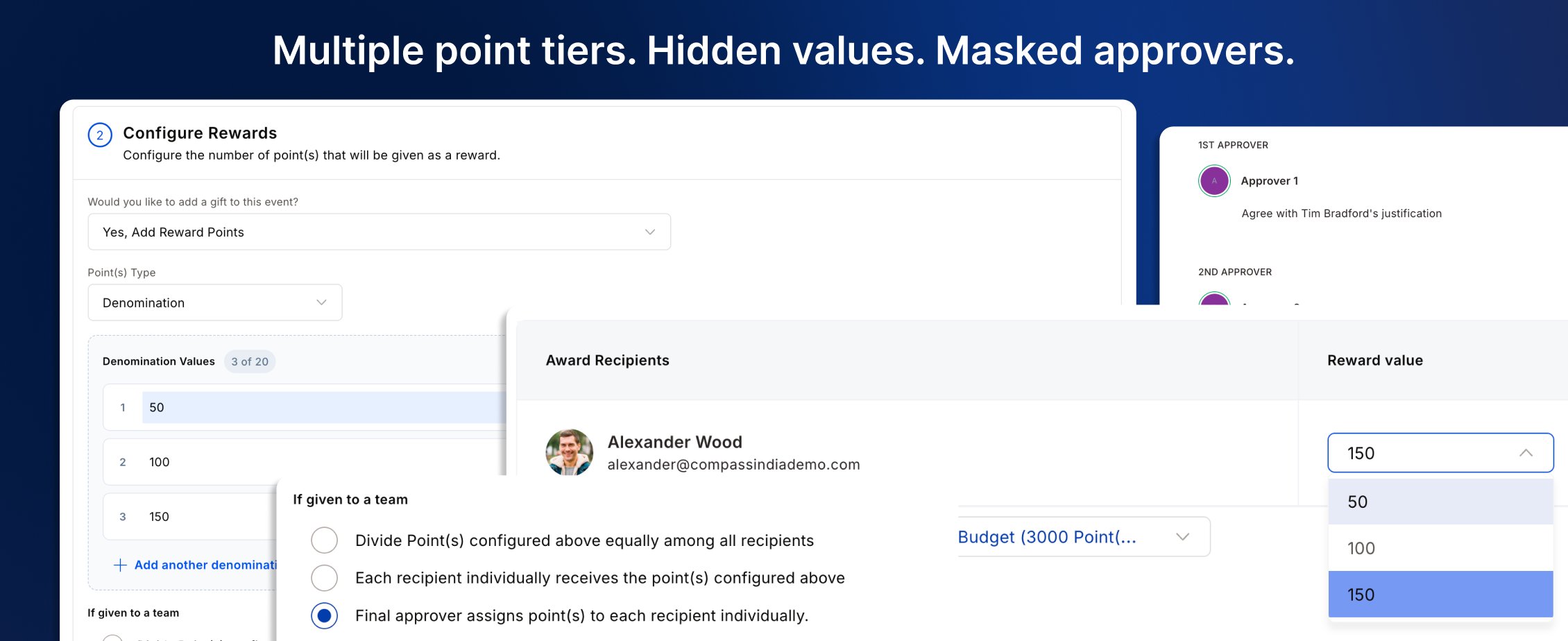 Configure Rewards step showing multiple denomination values and per-recipient reward selection