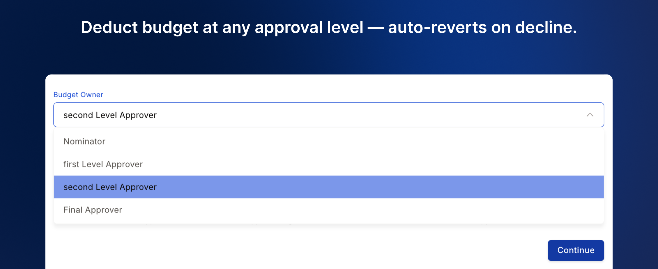 Approval chain configuration showing the budget deduction level setting