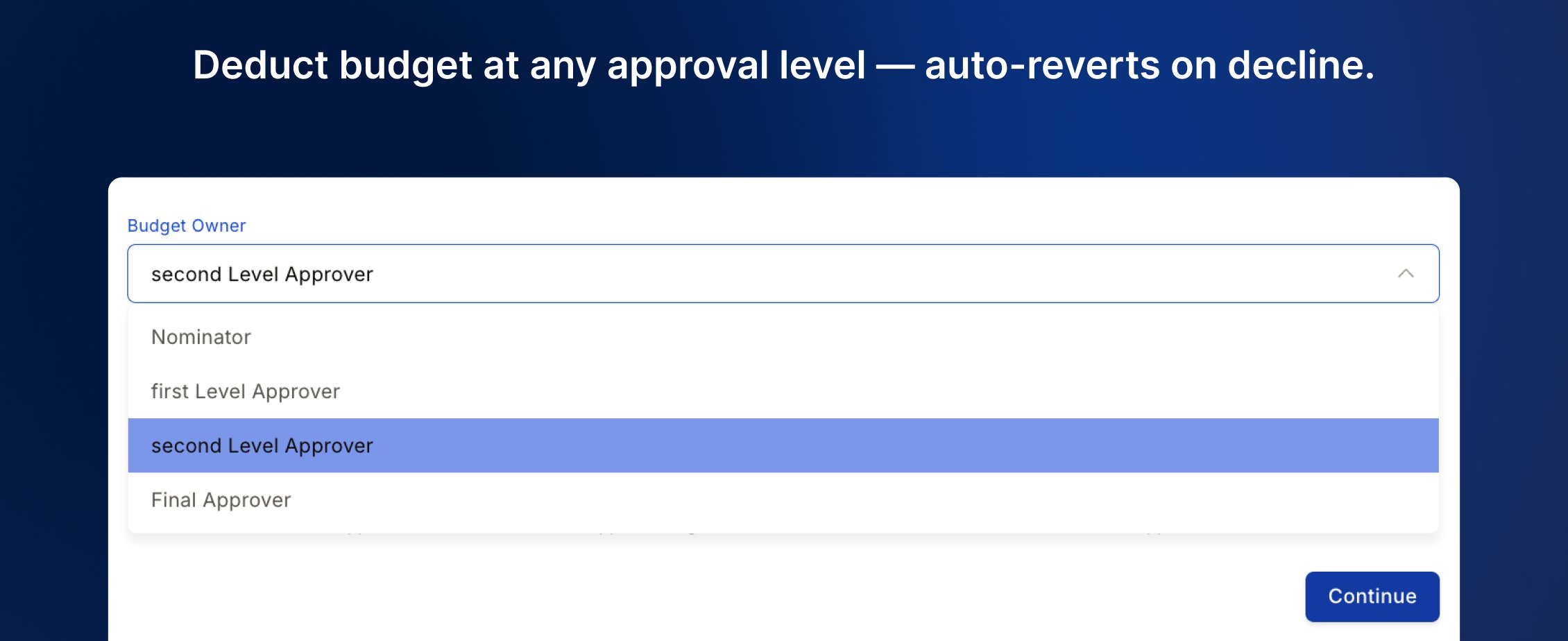 Approval chain configuration showing the budget deduction level setting