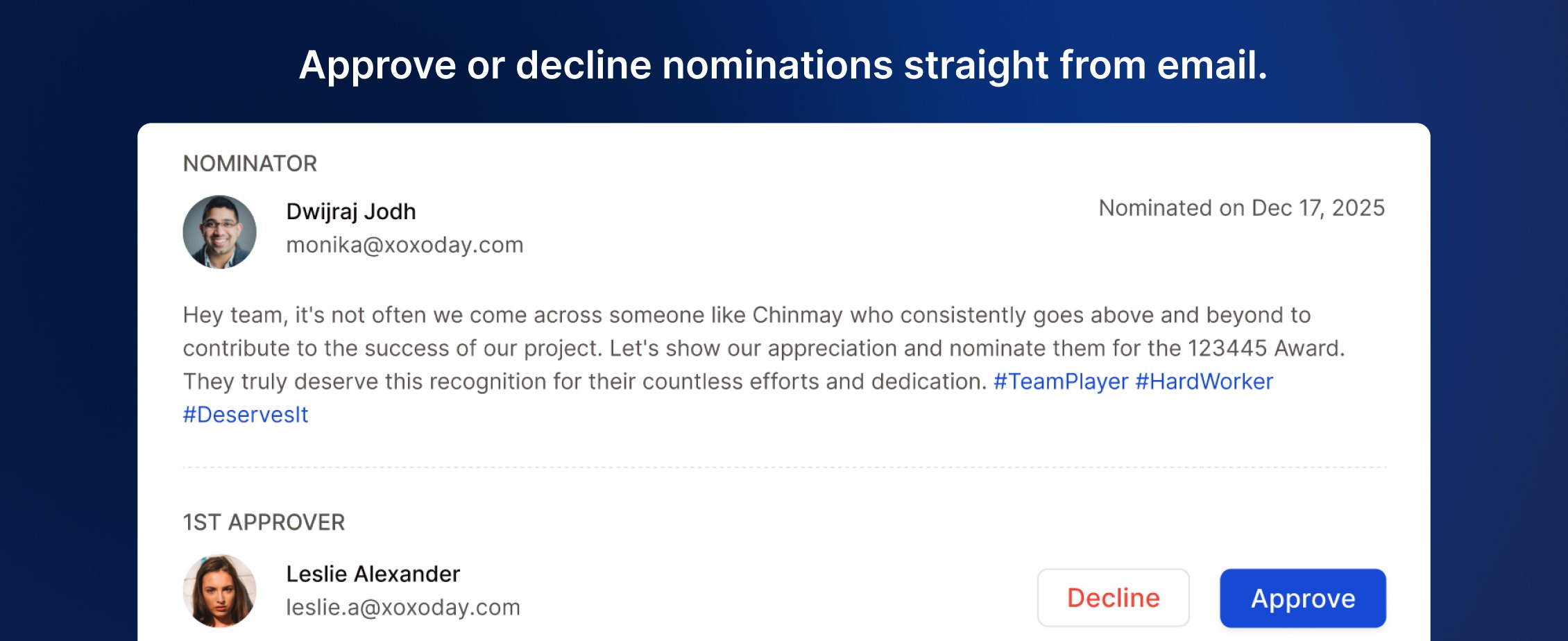 Award nomination approval email with full context and approve or decline actions