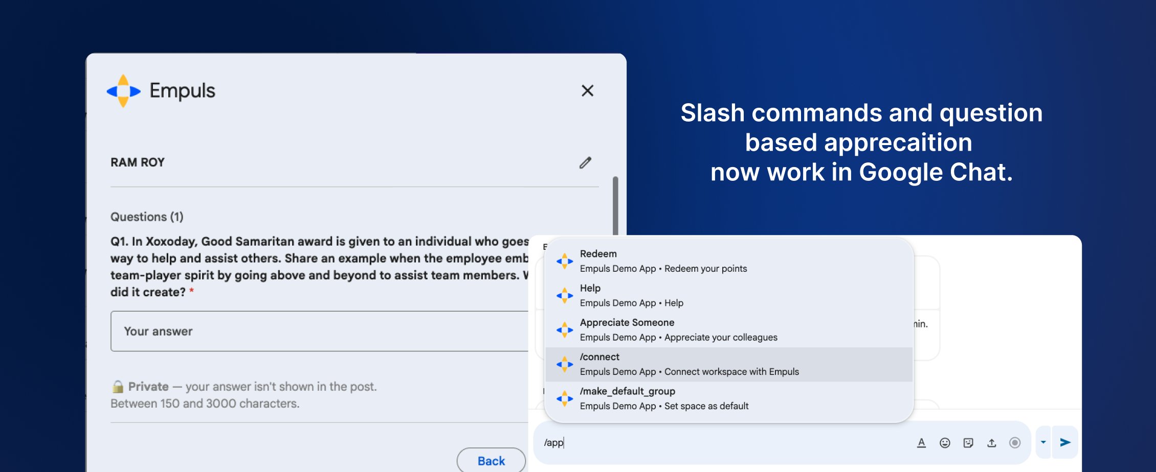 Empuls slash commands and award wizard inside Google Chat