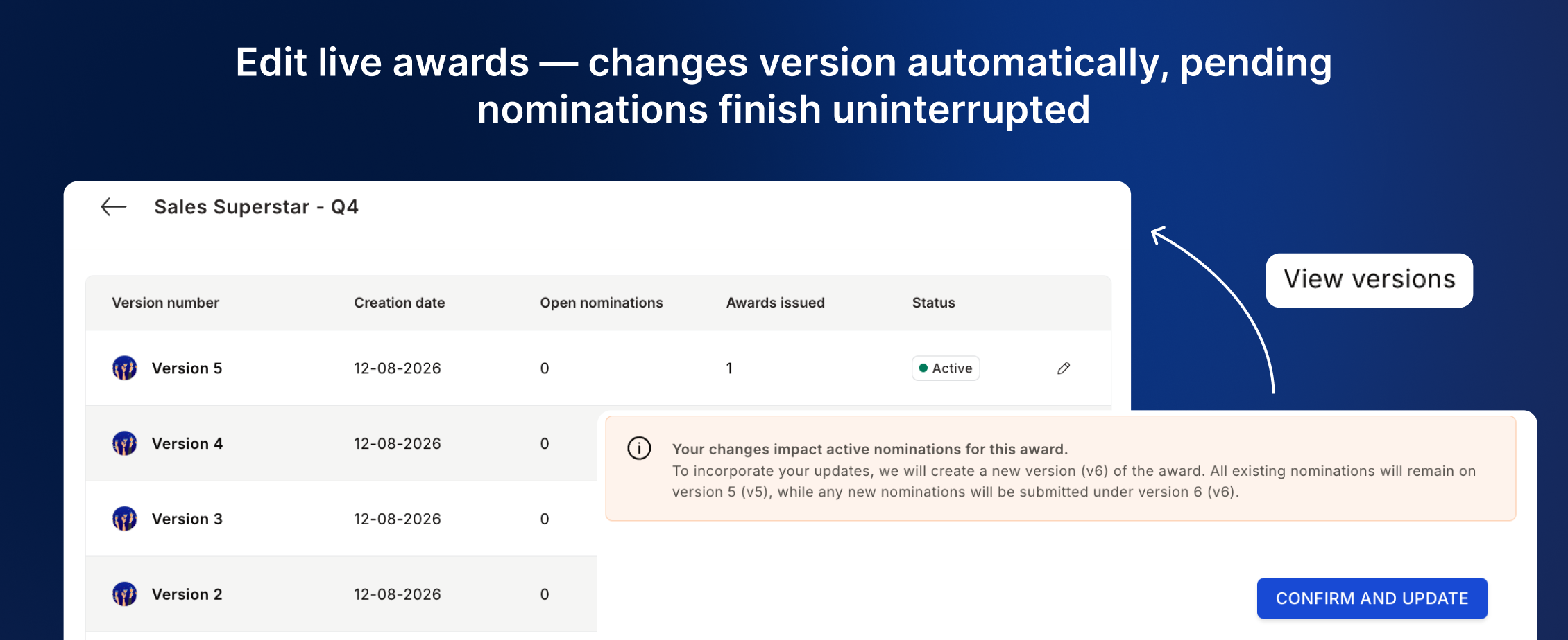 Award version history showing versions with open nomination counts and creation dates