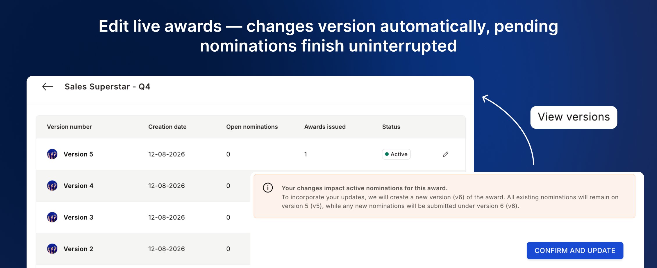 Award version history showing versions with open nomination counts and creation dates