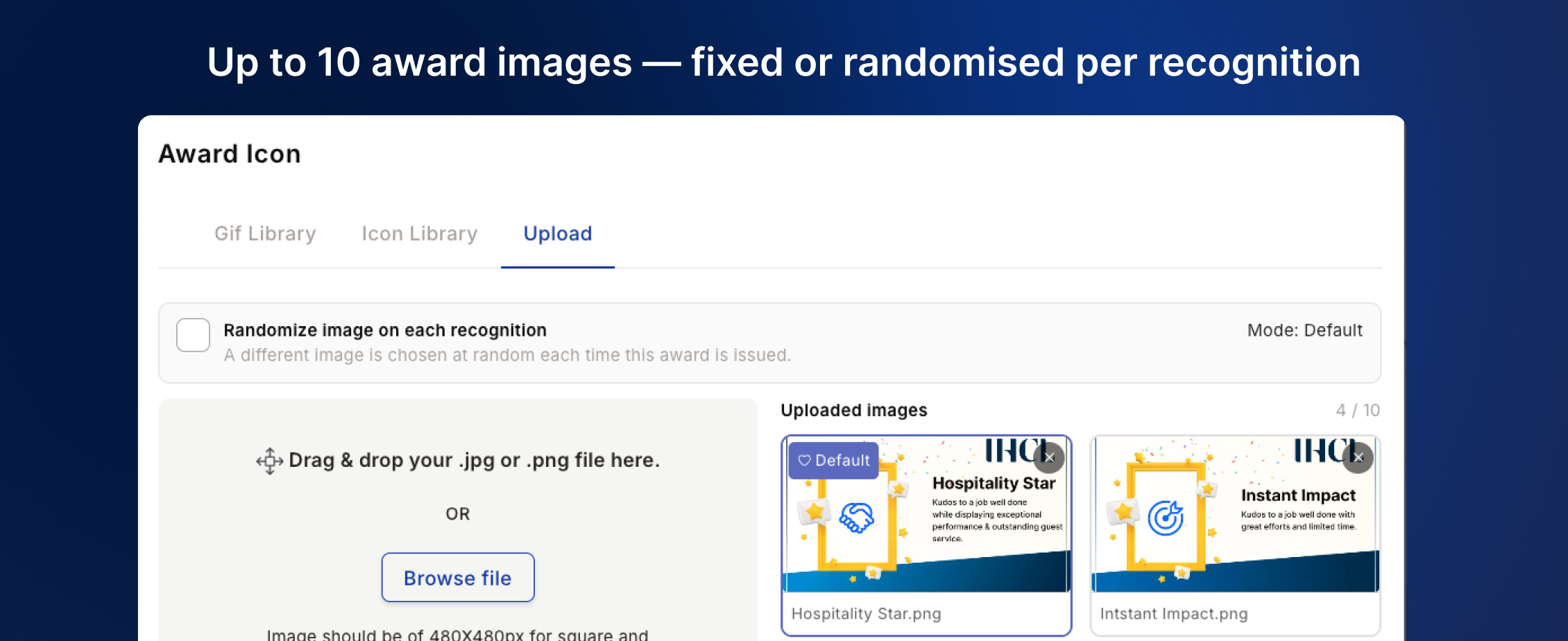 Award image pool with multiple uploaded images and a Randomize mode toggle