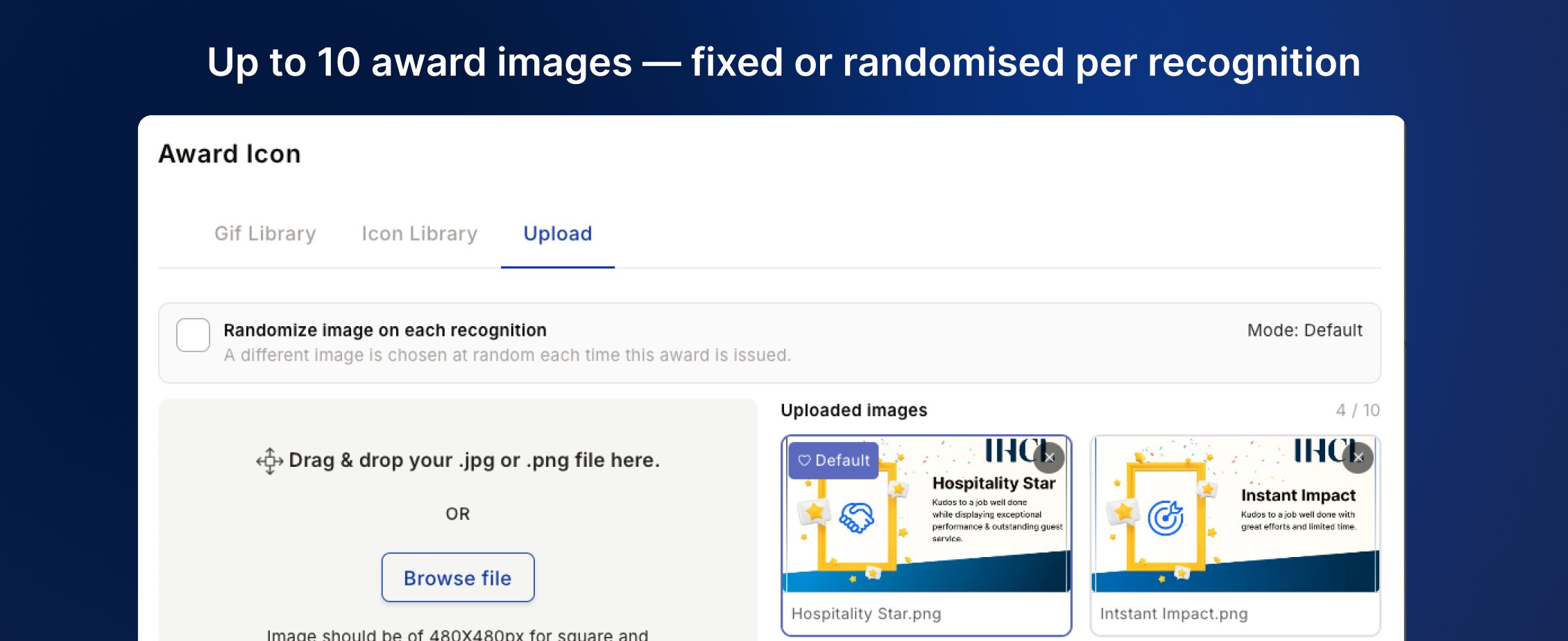 Award image pool with multiple uploaded images and a Randomize mode toggle