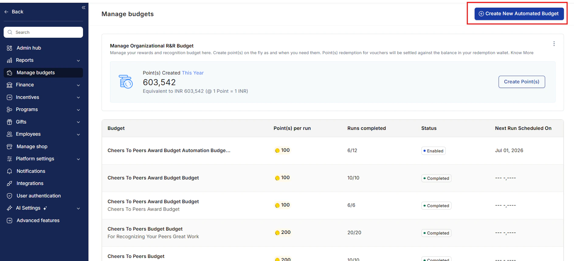 Create new automated budget