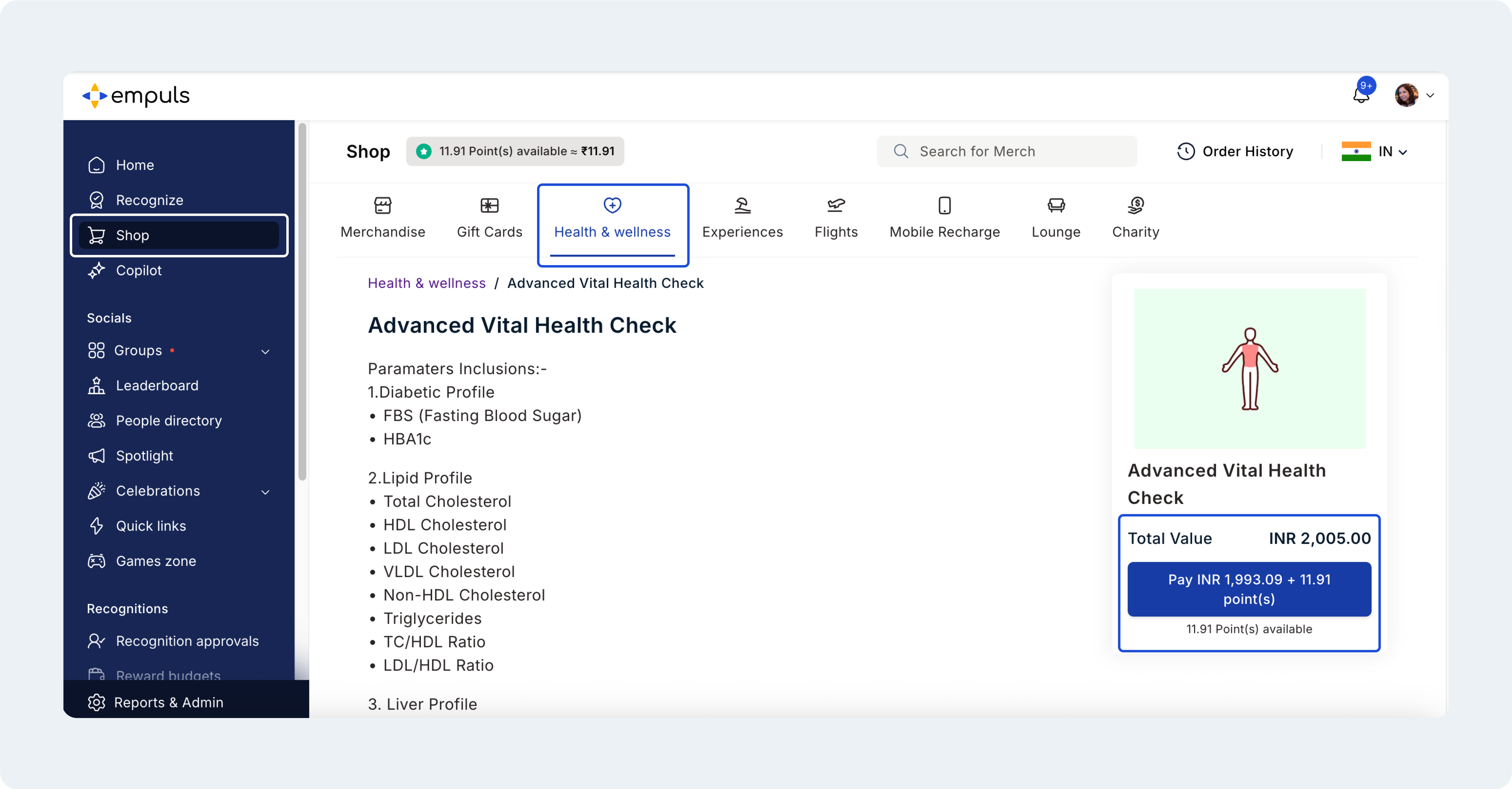 Health and Wellness catalog item checkout allowing partial or zero-point redemption