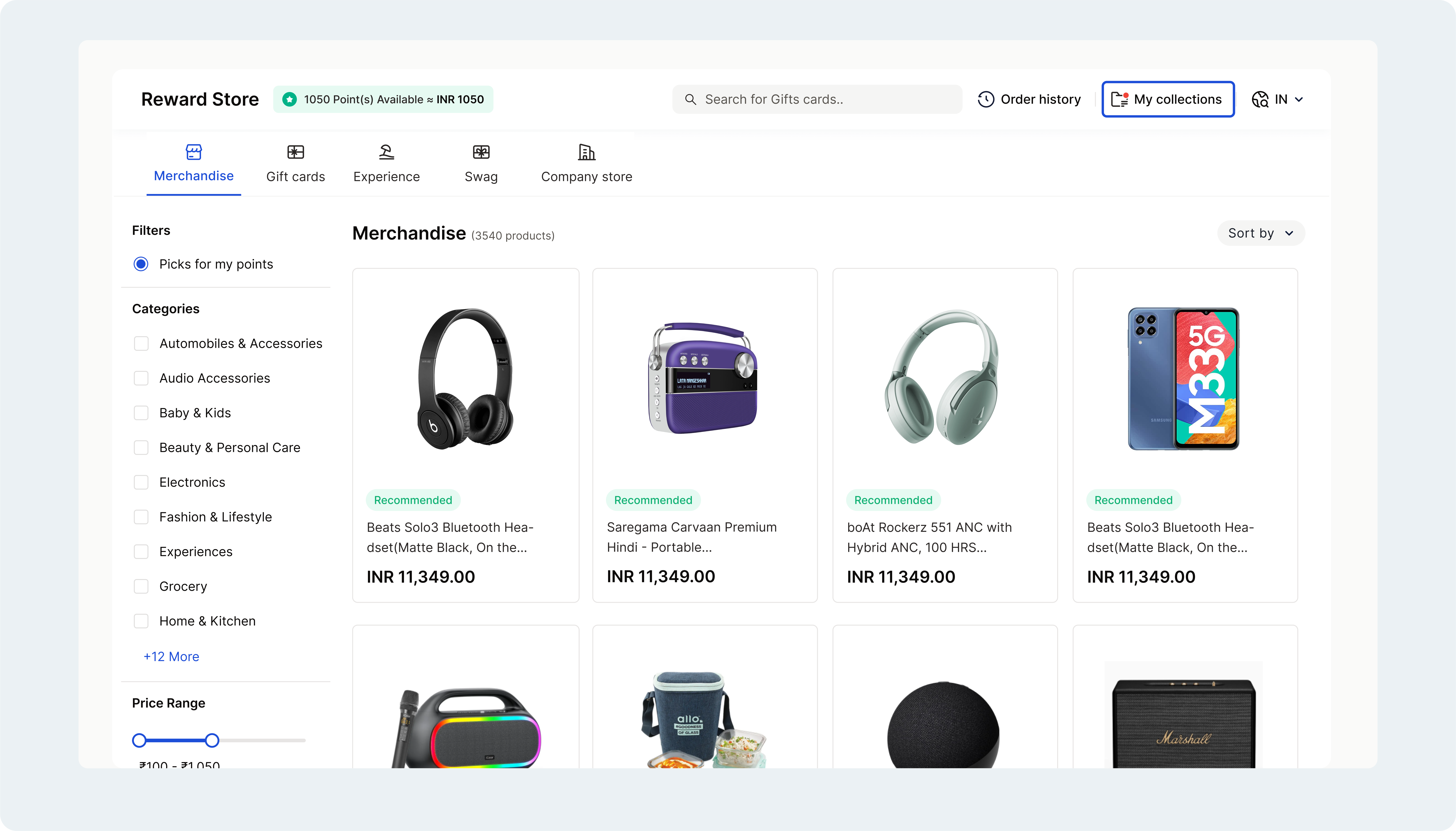 Reward Store with collection links for wellness and festive gifting plus order history menu
