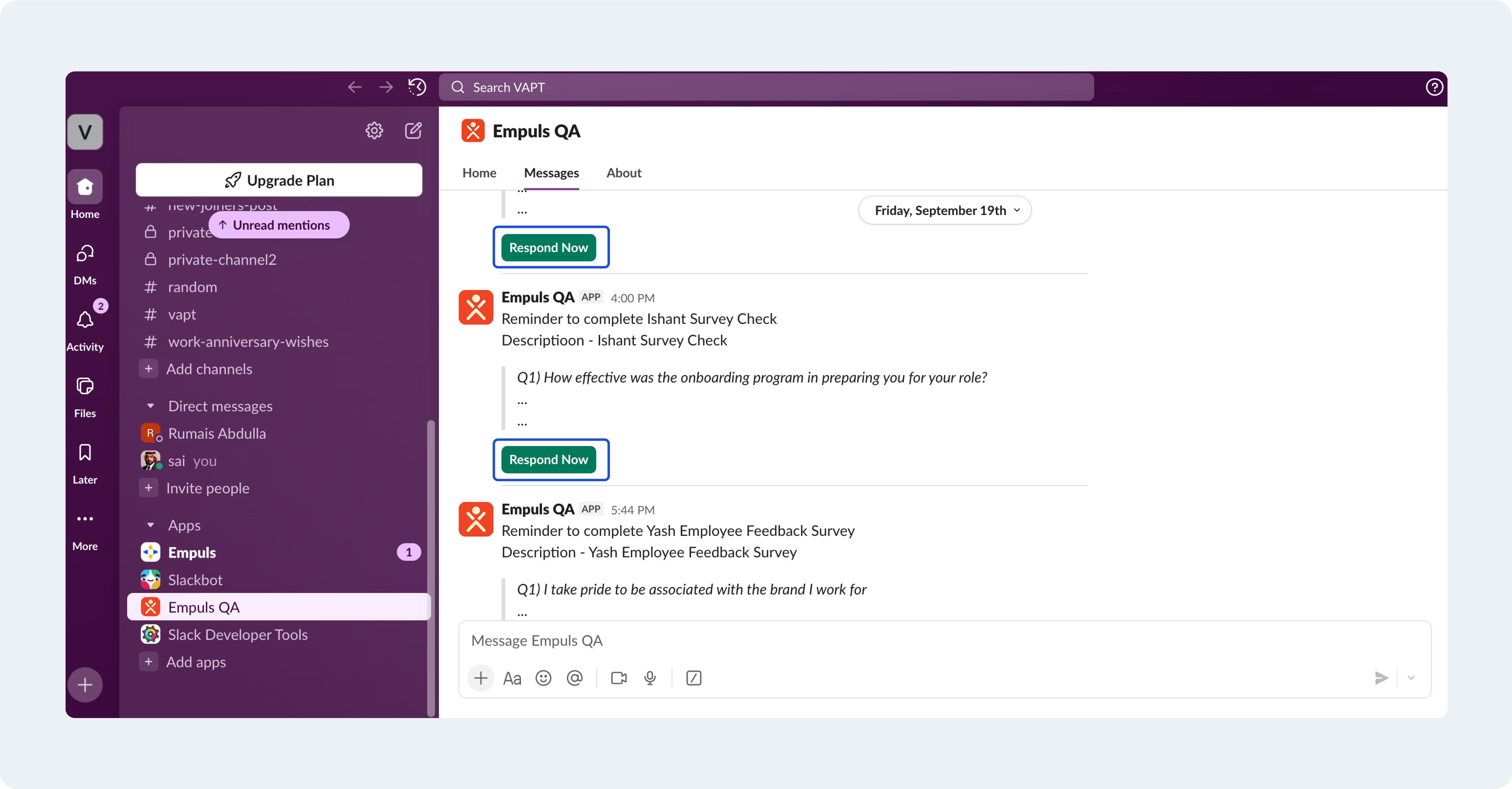 Slack reminder automation configuration prompting employees to complete pending surveys