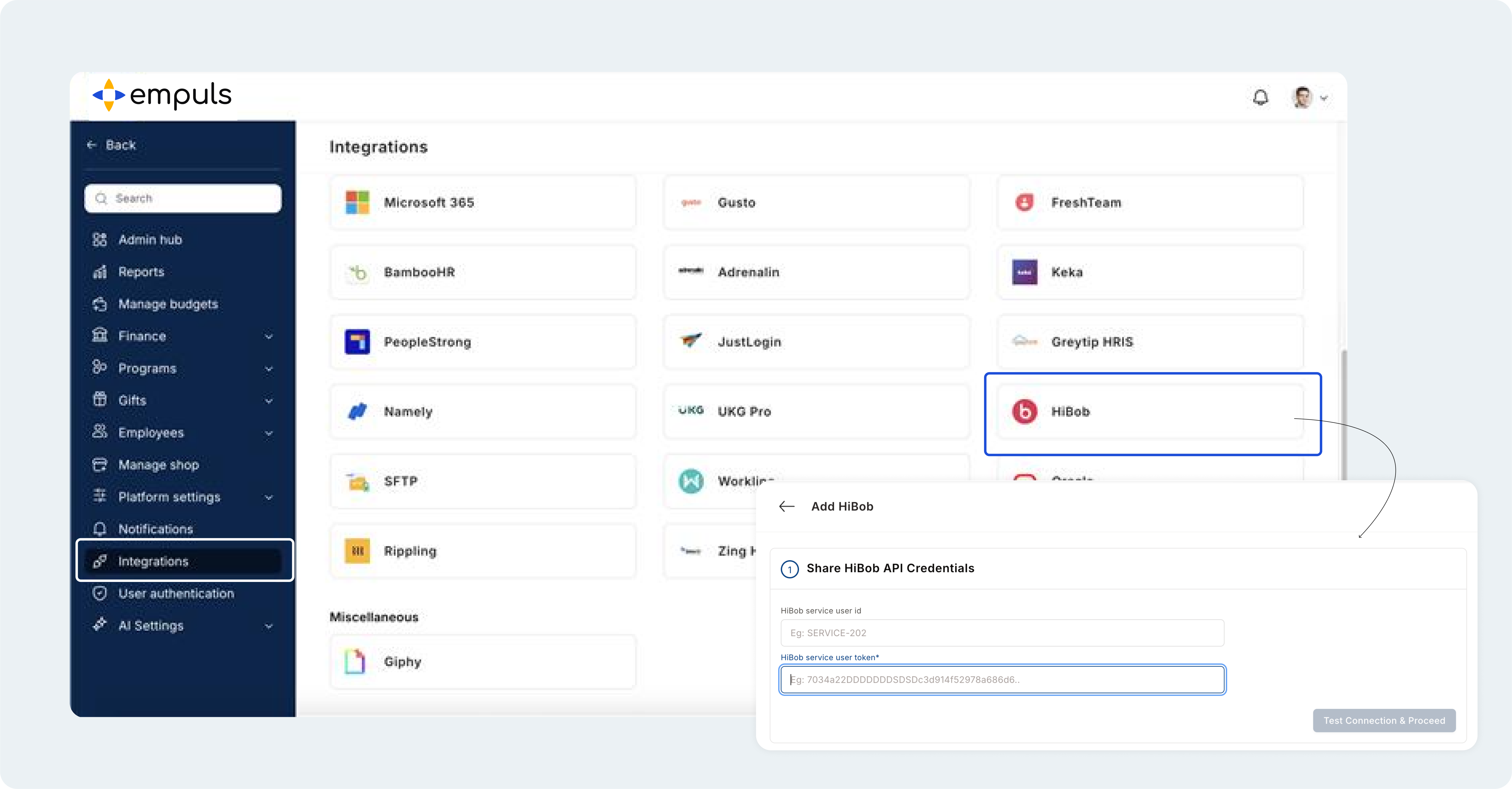 HiBob integration page configuring SSO, user sync, data mapping, and reward triggers