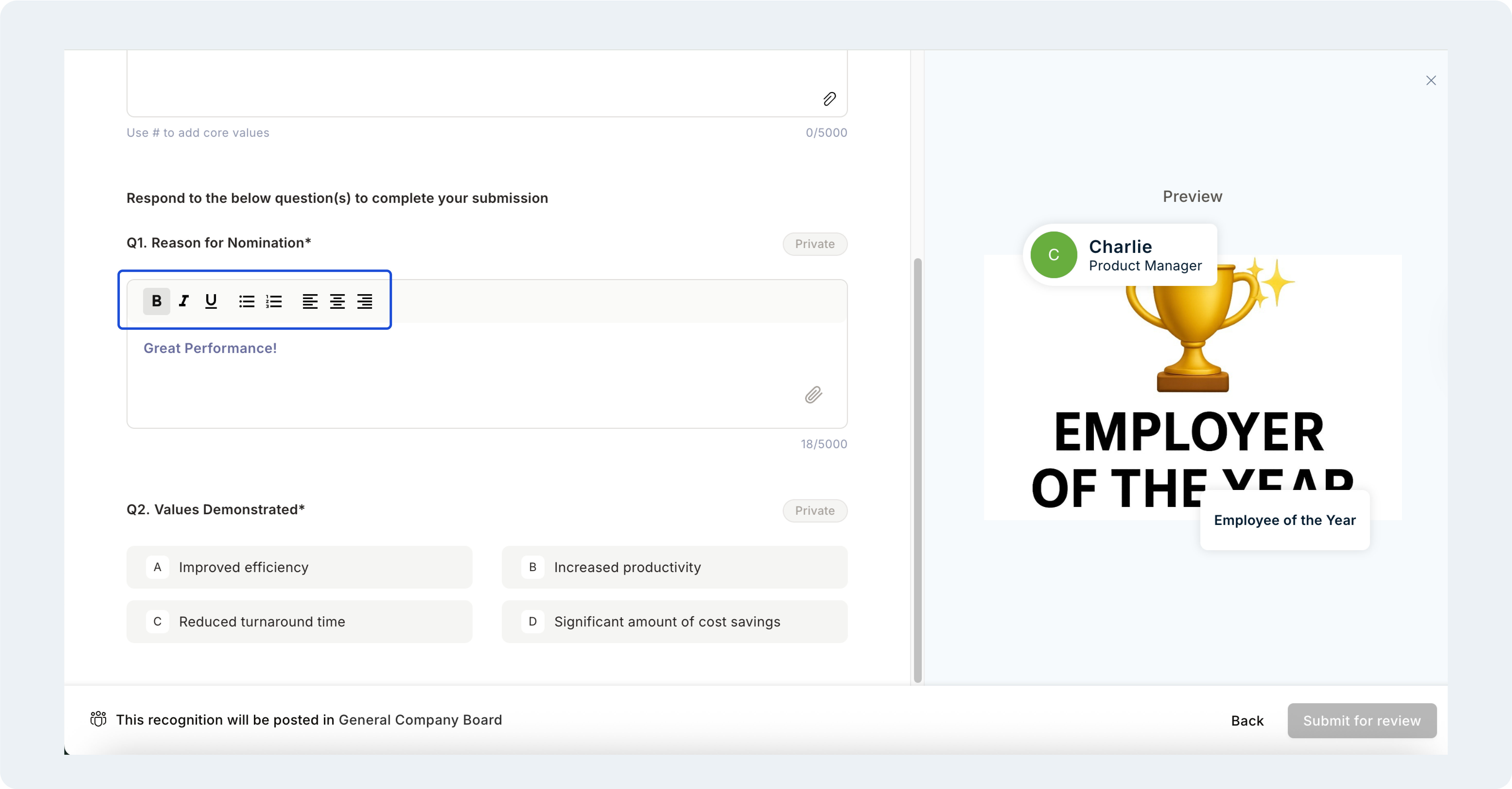 Award mandatory question response field with bold, italics, bullets, and alignment formatting