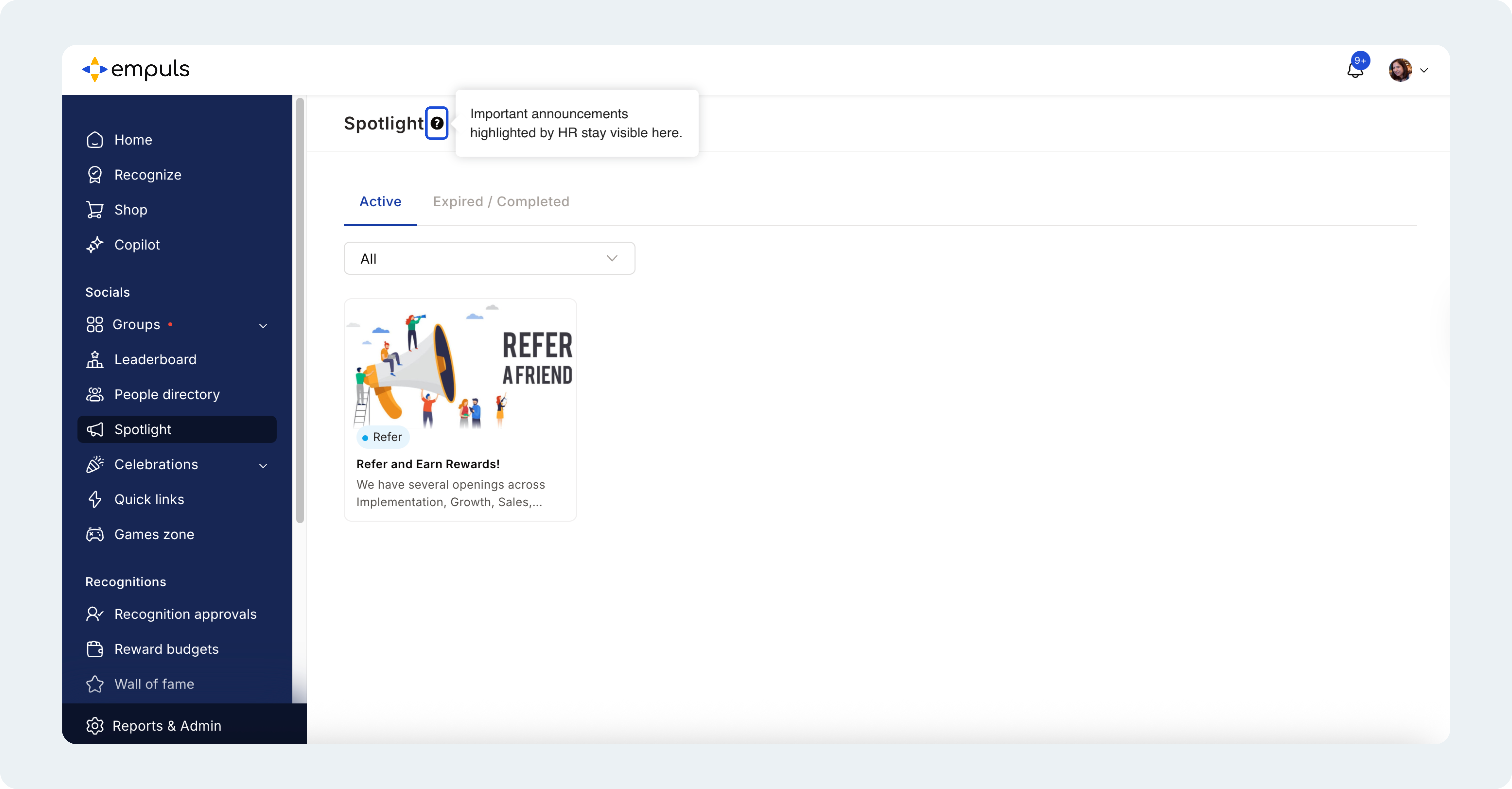 Question mark icon revealing a live tooltip explaining an Empuls platform feature