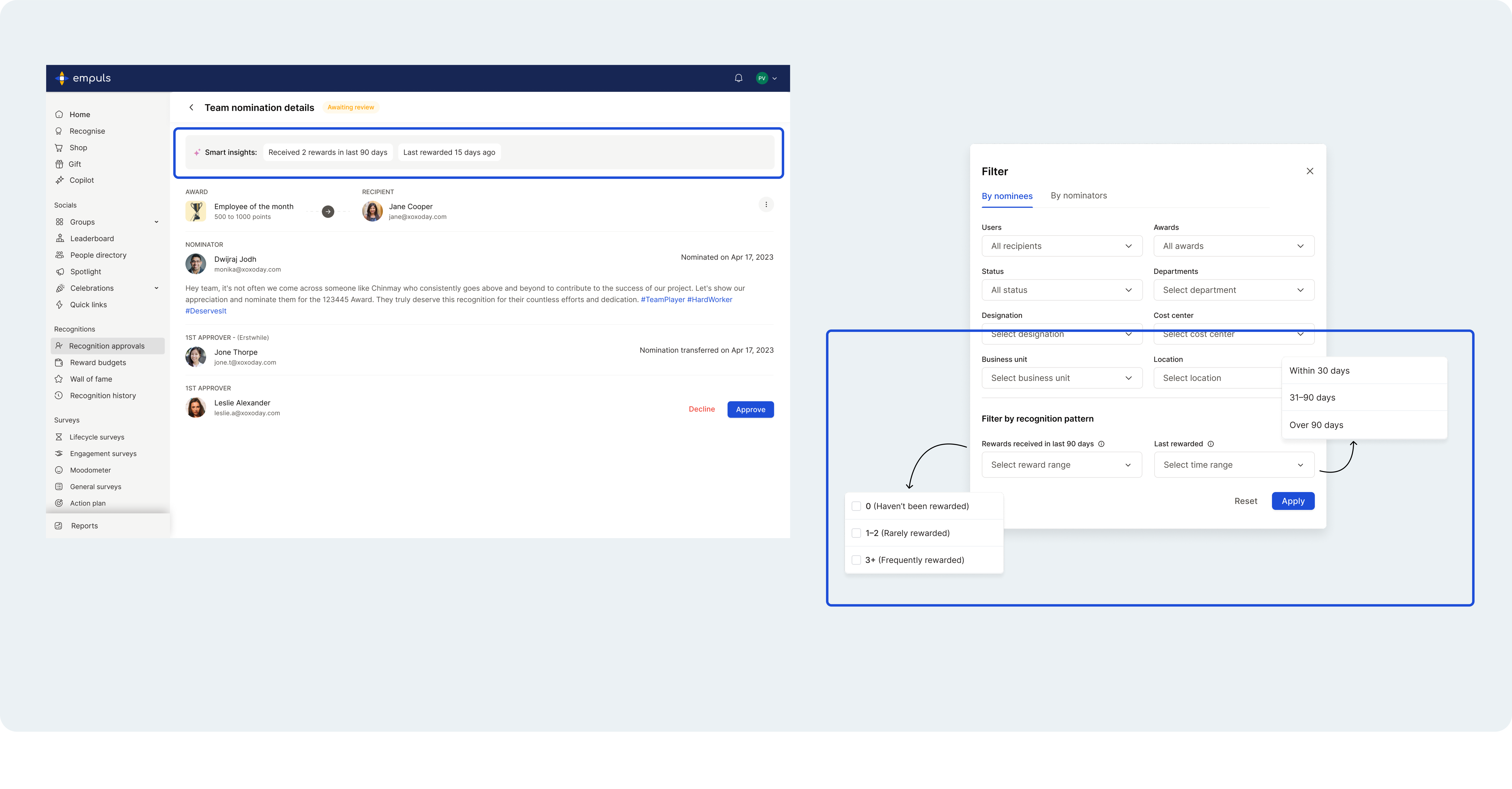 Nomination review pane with Smart Insights showing nominee history, tenure, and prior awards